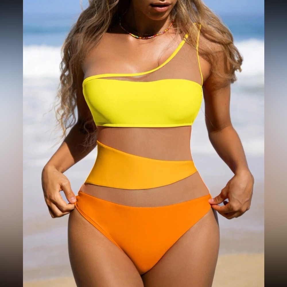 Luxe mesh insert color block one shoulder swimsuit